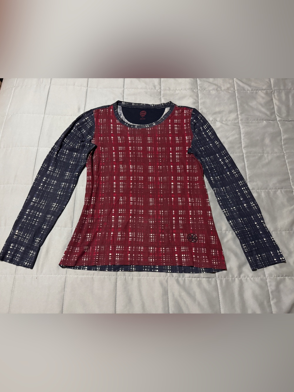 Tory Burch Red Blue Geometric Knit Round Neck Long Sleeve Pullover Tee Women's M